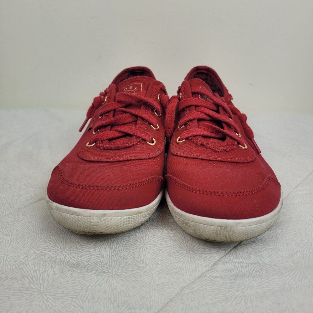 Bobs Skechers Memory Foam red canvas slip on lace sneakers gold trim preppy 8 - Picture 2 of 10